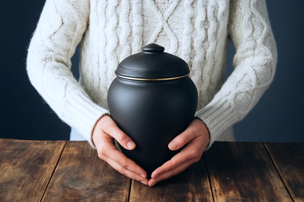 Woman in a cozy sweater gently holding a white urn with a heart symbol, representing peace, compassion, and the simplicity of direct cremation planning.